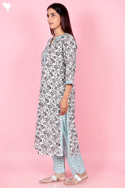 Cotton Kurta And Pant Set With Kota Dupatta In Block Print